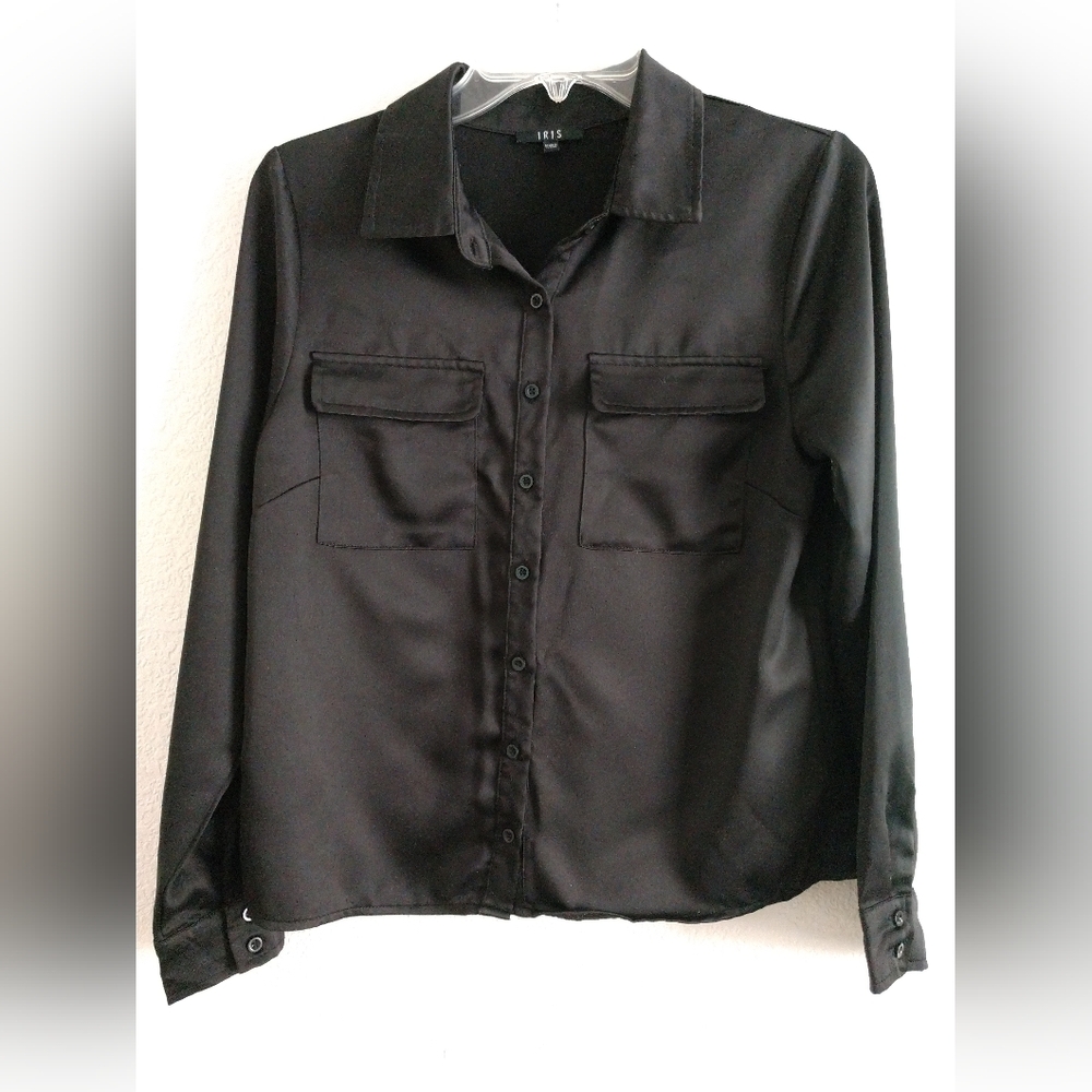 Iris Black Blouse Shirt Long Sleeve Size Small Petite SP Chest 32"